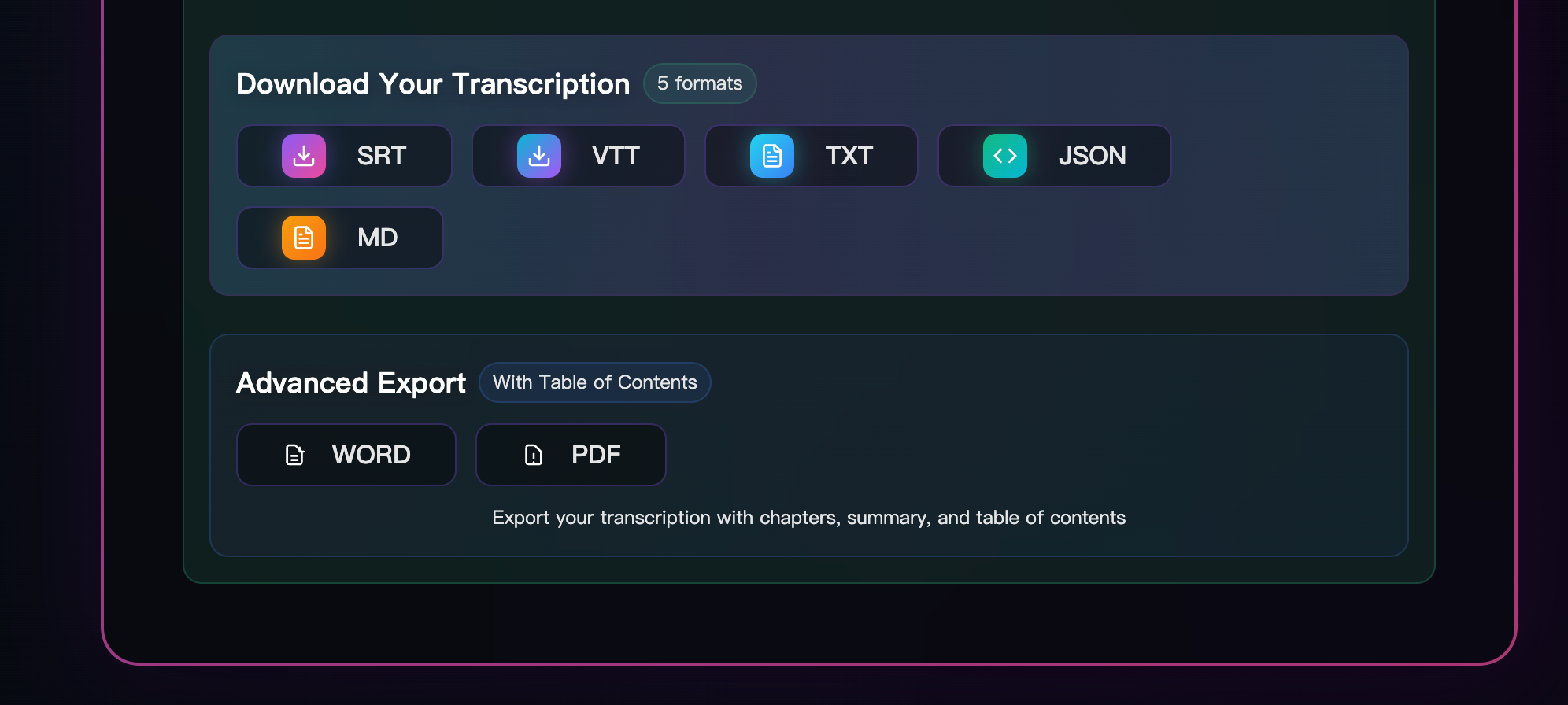 Export formats: TXT, SRT, VTT, DOCX, PDF, JSON